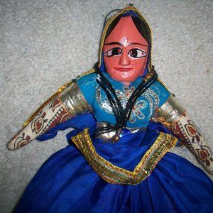 Vintage Indian handcrafted Doll with Silk Clothing Wooden Doll Wood Hand Made